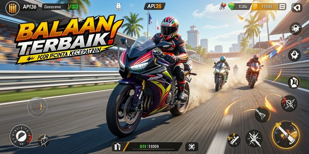 Tangkapan layar gameplay API36 dengan motor balap yang penuh aksi.