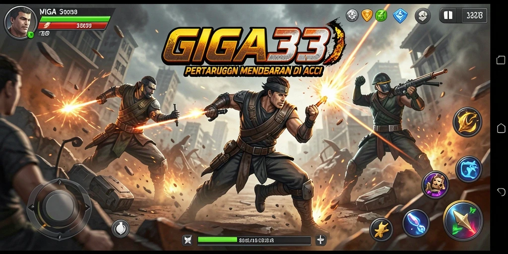 Screenshot utama GIGA33 menampilkan aksi pertempuran yang seru.