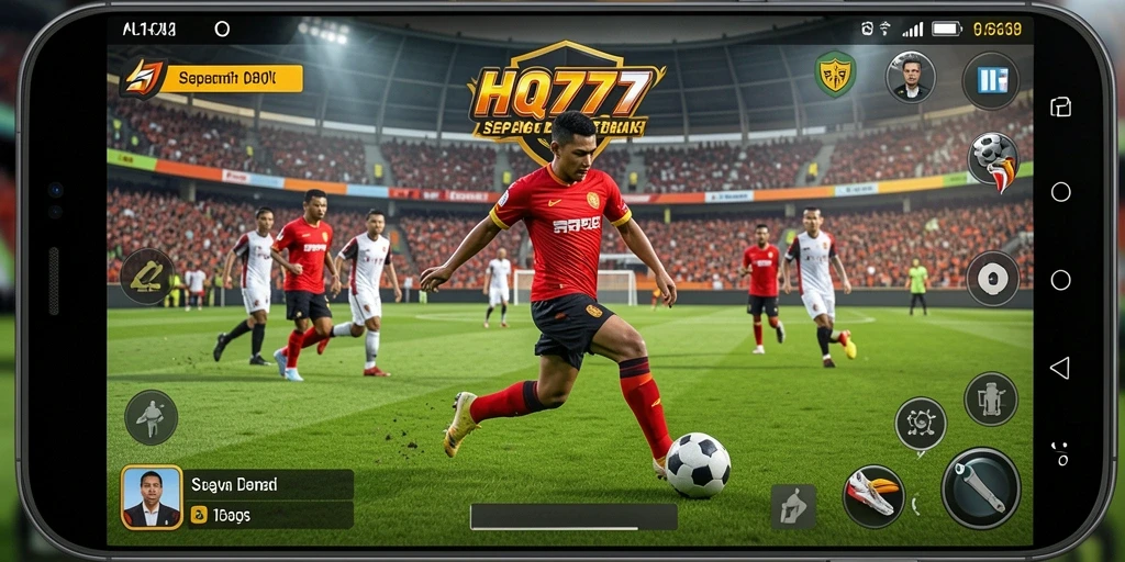 Gameplay seru HQ777 dengan aksi pertandingan sepak bola.