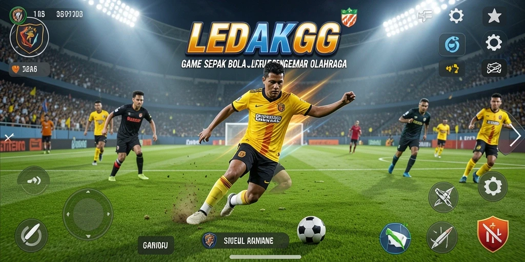 Tampilan gameplay LEDAKGG yang mendebarkan dan penuh aksi sepak bola.