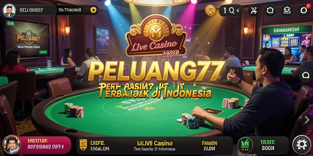 Screenshot utama PELUANG77 menampilkan dealer profesional dan suasana casino yang nyata.