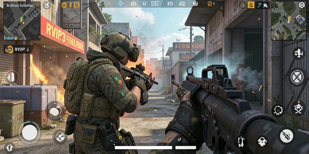 Tampilan gameplay menegangkan di dalam <strong>RVIP3</strong>, aksi tembak-tembakan yang seru.